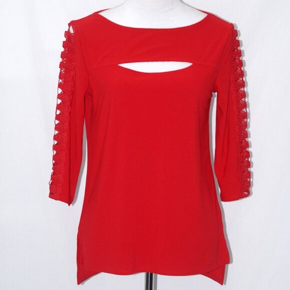 EUC Small Red Top Peekaboo Sleeves/Chest Love Scarlett Womens 18.5” pit to pit - Picture 1 of 6